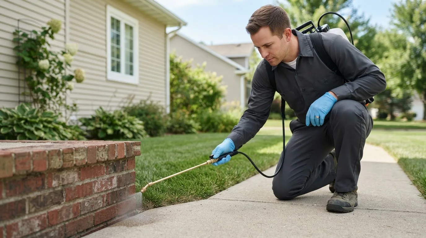 Pest control technician treating a home near Fredonia, ND